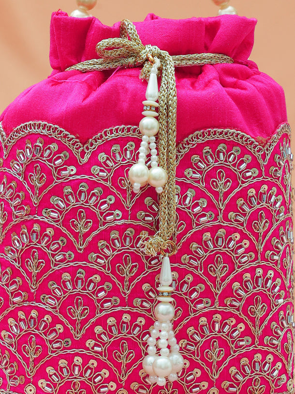 Rubans Bright Pink Potli Bag with Golden Zari Embroidery, Sequin Detailing & Pearl Beaded Handle