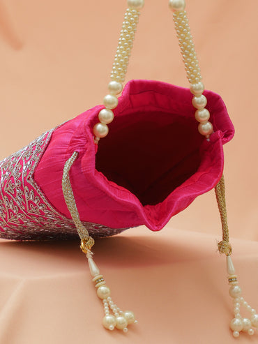 Rubans Bright Pink Potli Bag with Golden Zari Embroidery, Sequin Detailing & Pearl Beaded Handle