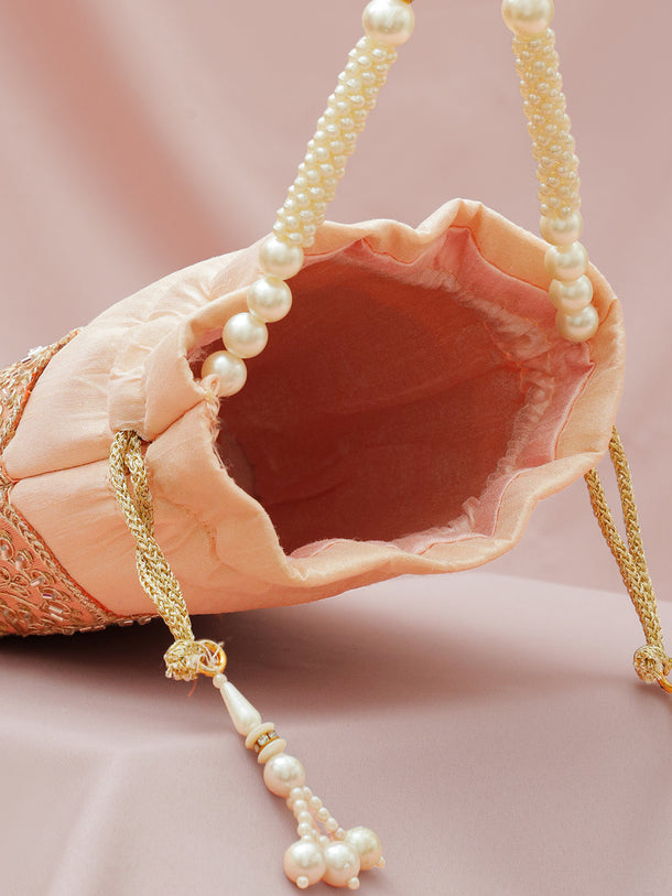 Women Peach Fabric Potli Bag with Golden Embroidery, White Stones & Pearl Tassel Handle