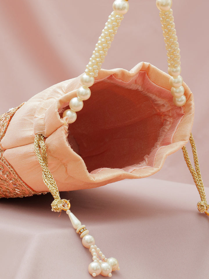 Women Peach Fabric Potli Bag with Golden Embroidery, White Stones & Pearl Tassel Handle