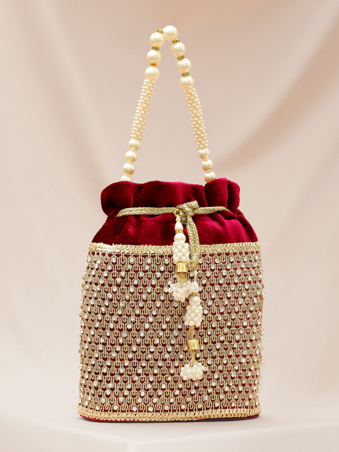Rubans Red Velvet Potli Bag with Pearl Handle, Golden Embroidery & Stone Detailing