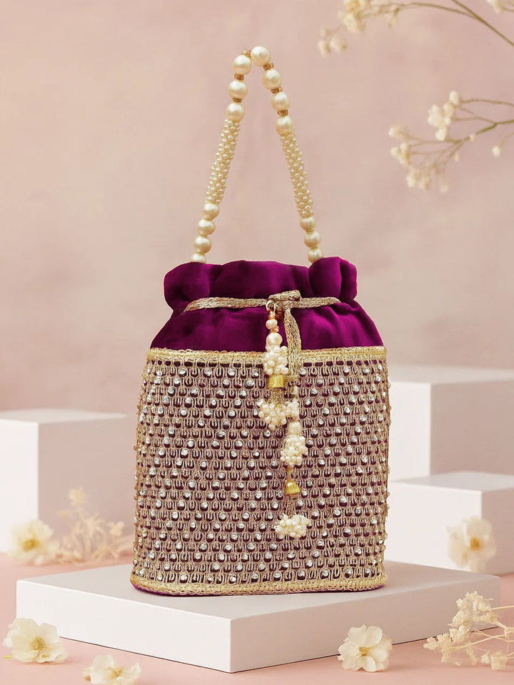 Rubans Purple Velvet Potli Bag with Pearl Handle, Golden Embroidery & Stone Detailing