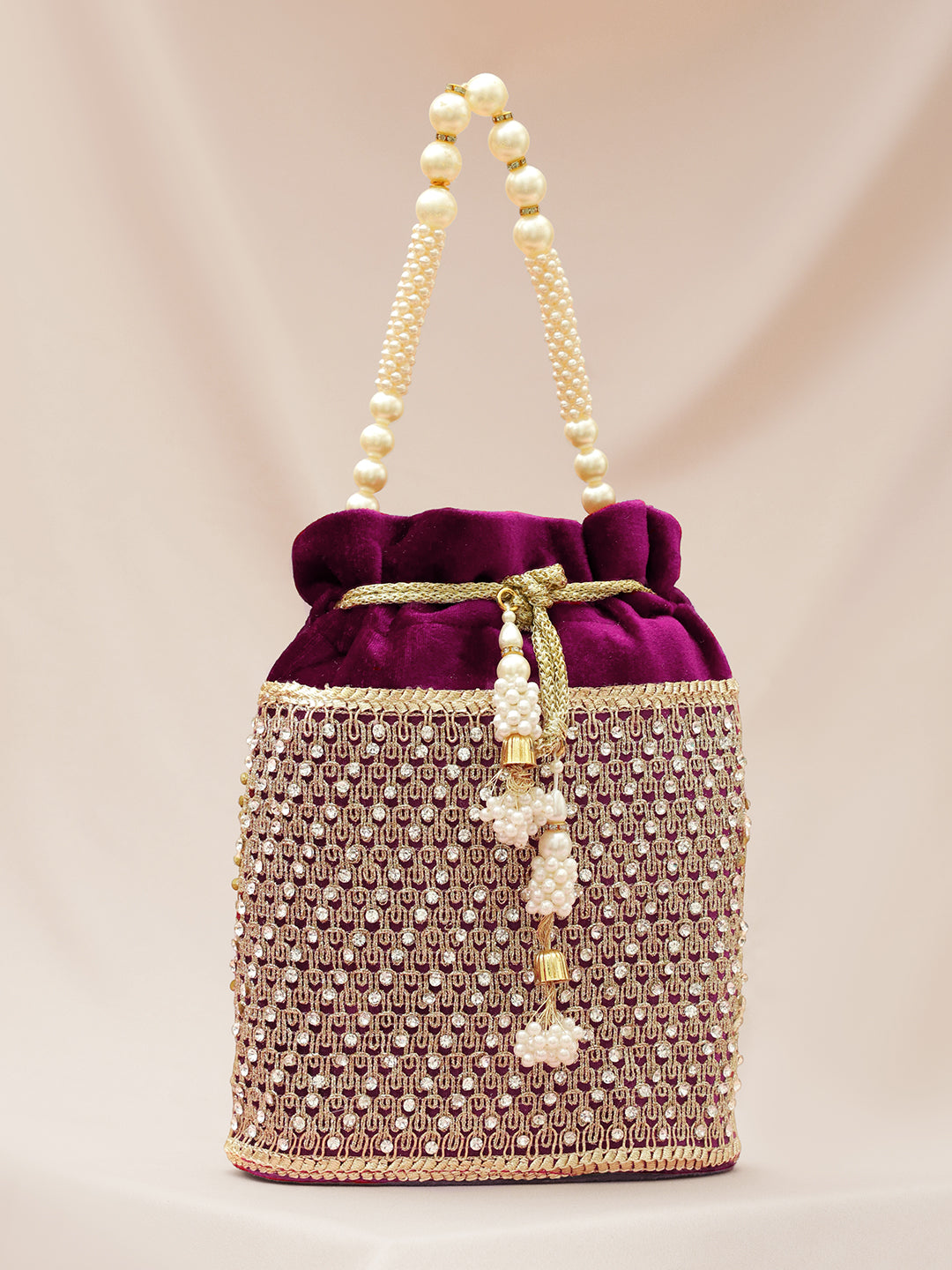 Rubans Purple Velvet Potli Bag with Pearl Handle, Golden Embroidery & Stone Detailing