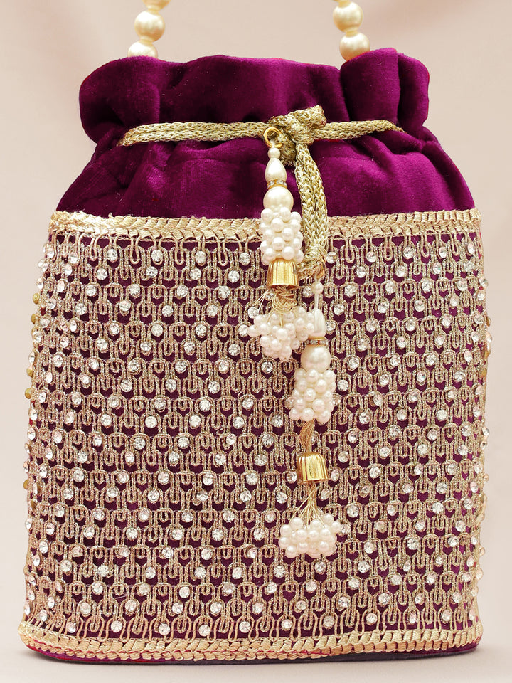 Rubans Purple Velvet Potli Bag with Pearl Handle, Golden Embroidery & Stone Detailing