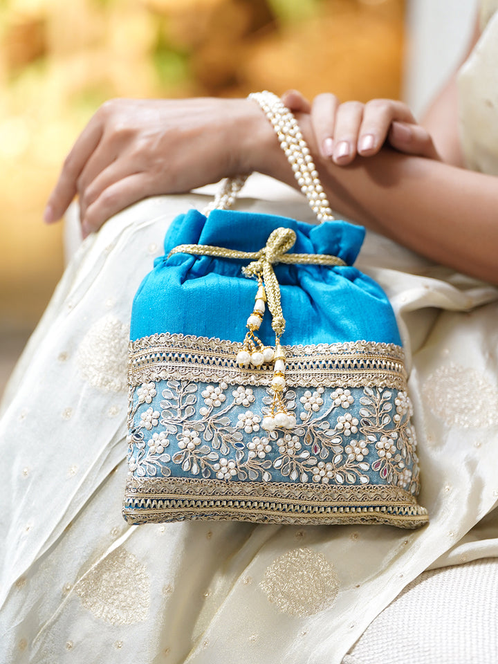 Rubans Women Embellished Wrist Loop Potli Clutch with Golden Zari Border & Beaded Handle