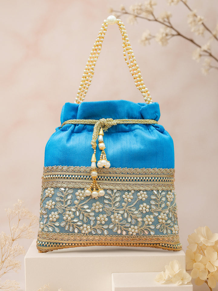 Rubans Women Embellished Wrist Loop Potli Clutch with Golden Zari Border & Beaded Handle