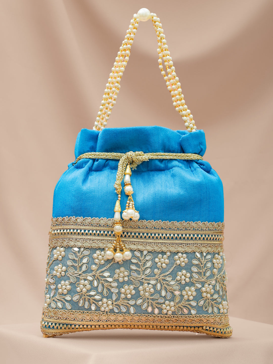 Rubans Women Embellished Wrist Loop Potli Clutch with Golden Zari Border & Beaded Handle