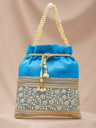 Rubans Women Embellished Wrist Loop Potli Clutch with Golden Zari Border & Beaded Handle