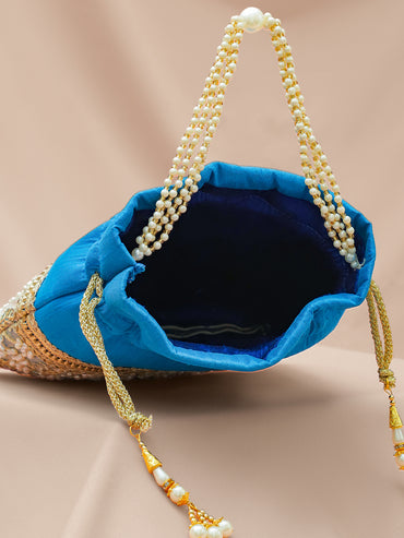 Rubans Women Embellished Wrist Loop Potli Clutch with Golden Zari Border & Beaded Handle