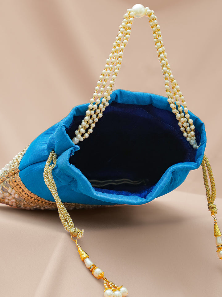 Rubans Women Embellished Wrist Loop Potli Clutch with Golden Zari Border & Beaded Handle