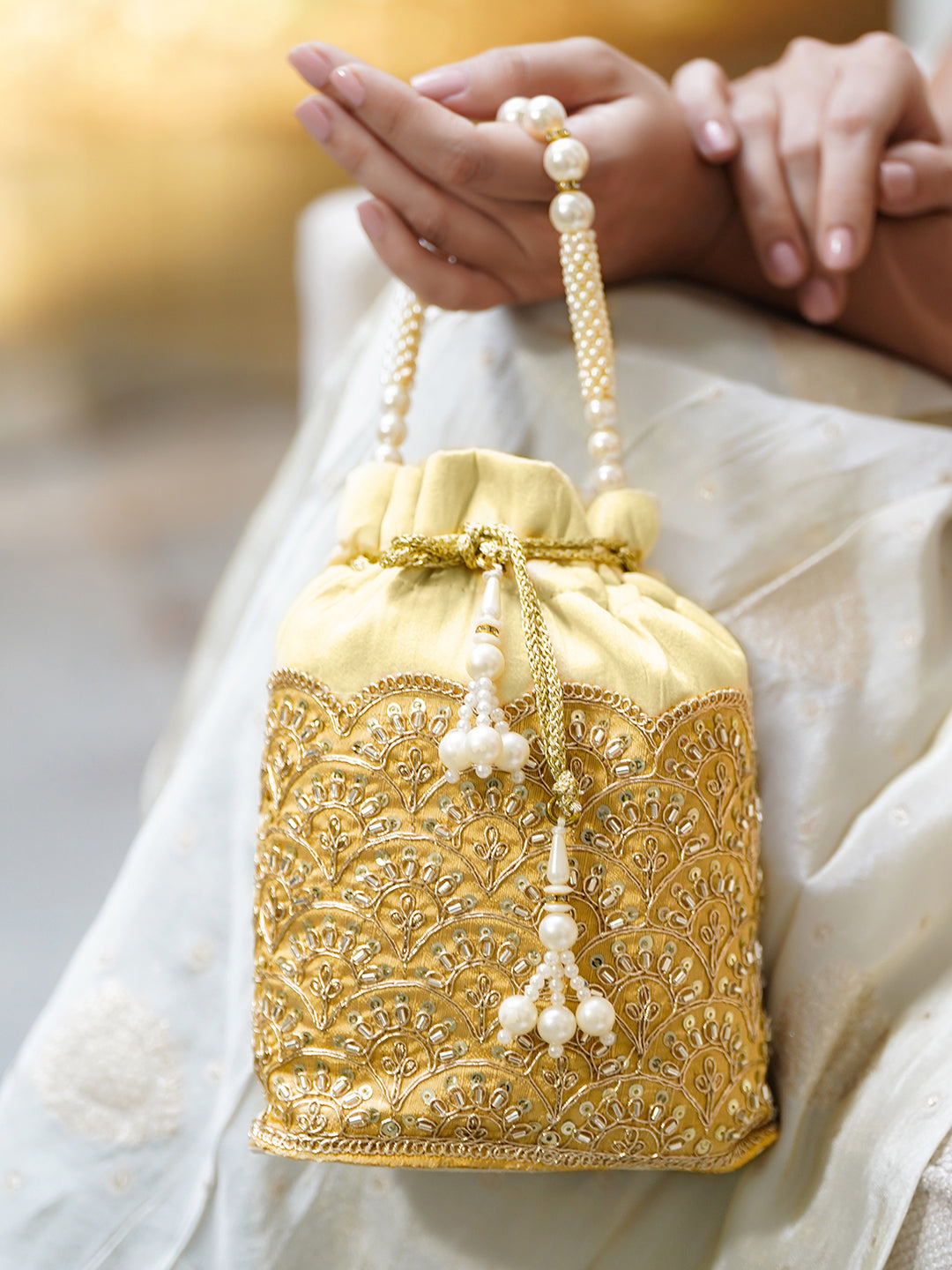 Rubans Embroidered Potli Clutch with Handcrafted Handle & Tassel Drawstring