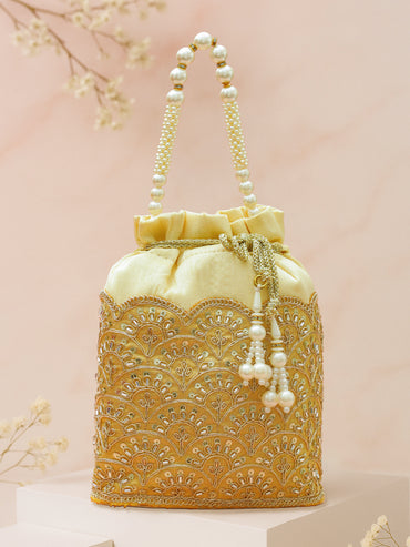 Rubans Embroidered Potli Clutch with Handcrafted Handle & Tassel Drawstring