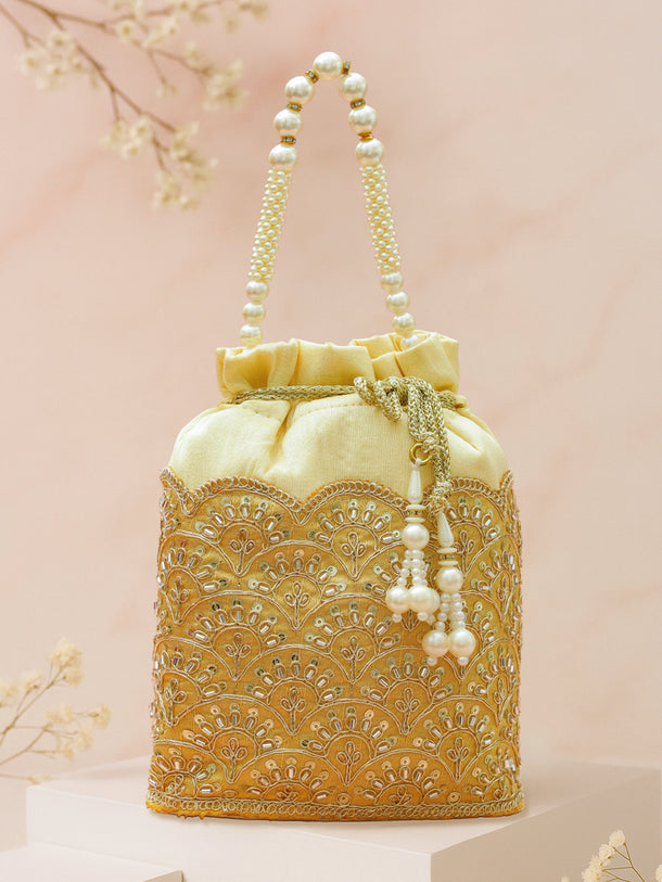 Rubans Embroidered Potli Clutch with Handcrafted Handle & Tassel Drawstring