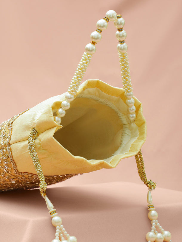 Rubans Embroidered Potli Clutch with Handcrafted Handle & Tassel Drawstring