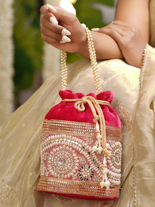 Bridal Rose Pink Pearl Potli Bag
