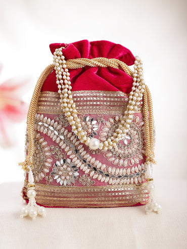 Bridal Rose Pink Pearl Potli Bag