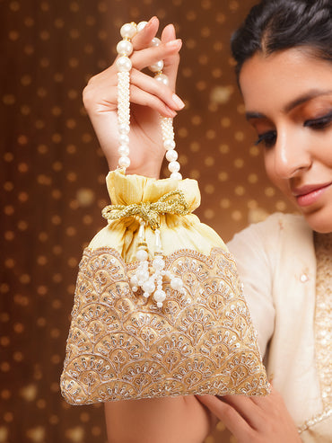 Mustard Yellow Embellished Pearl Handle Potli Bag