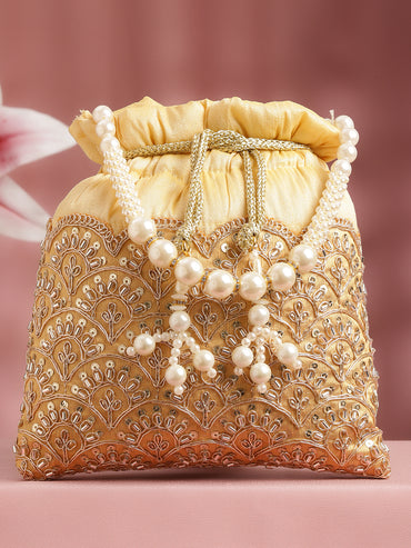 Mustard Yellow Embellished Pearl Handle Potli Bag