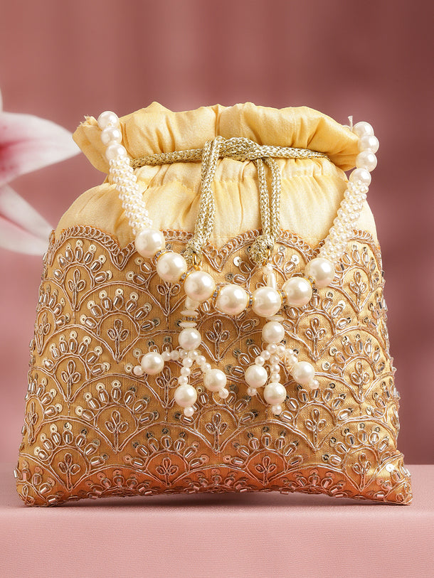 Mustard Yellow Embellished Pearl Handle Potli Bag