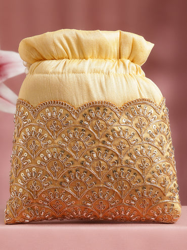 Mustard Yellow Embellished Pearl Handle Potli Bag