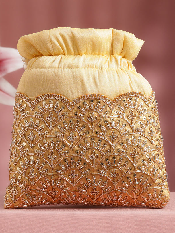 Mustard Yellow Embellished Pearl Handle Potli Bag