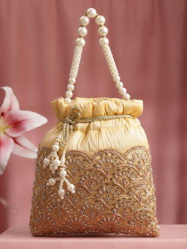 Mustard Yellow Embellished Pearl Handle Potli Bag