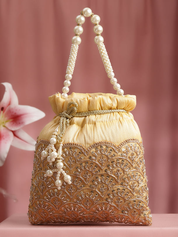 Mustard Yellow Embellished Pearl Handle Potli Bag