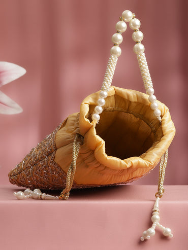 Mustard Yellow Embellished Pearl Handle Potli Bag