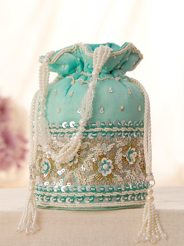 Rubans Mint Coloured Potli Bag With Golden And White Embroided Design.
