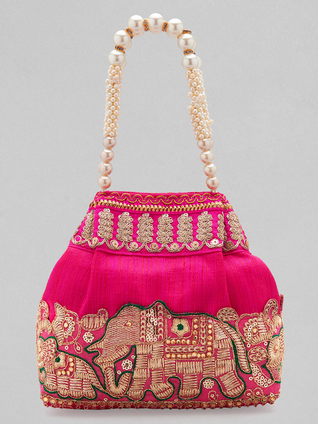 Rubans Pink Silk Potli Bag with Pearl Handle and Intricate Elephant Motif Embroidery