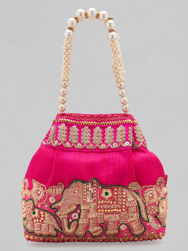 Rubans Pink Silk Potli Bag with Pearl Handle and Intricate Elephant Motif Embroidery