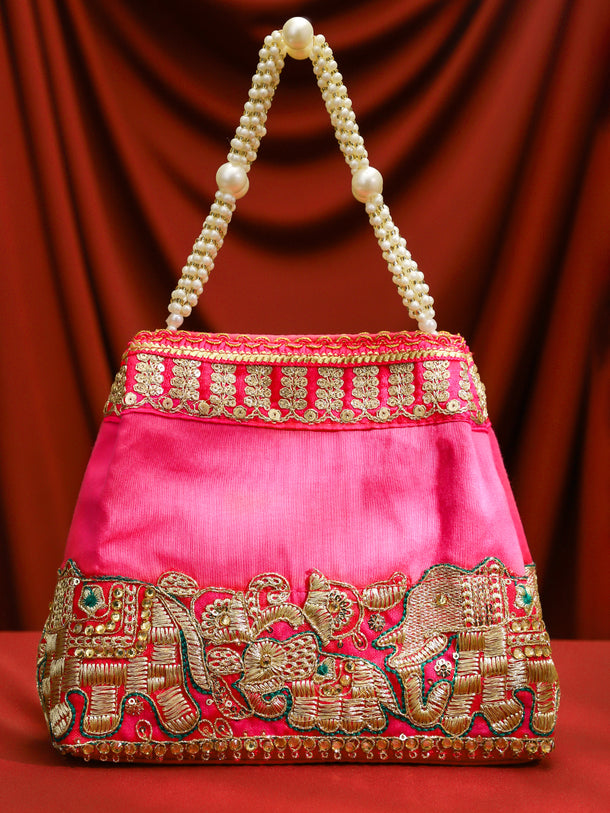 Rubans Pink Silk Potli Bag with Pearl Handle and Intricate Elephant Motif Embroidery