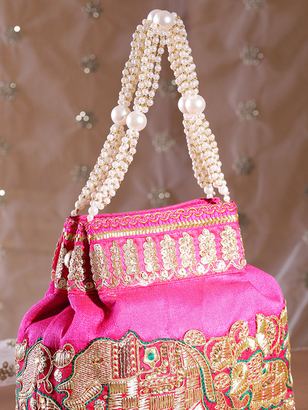Rubans Pink Silk Potli Bag with Pearl Handle and Intricate Elephant Motif Embroidery