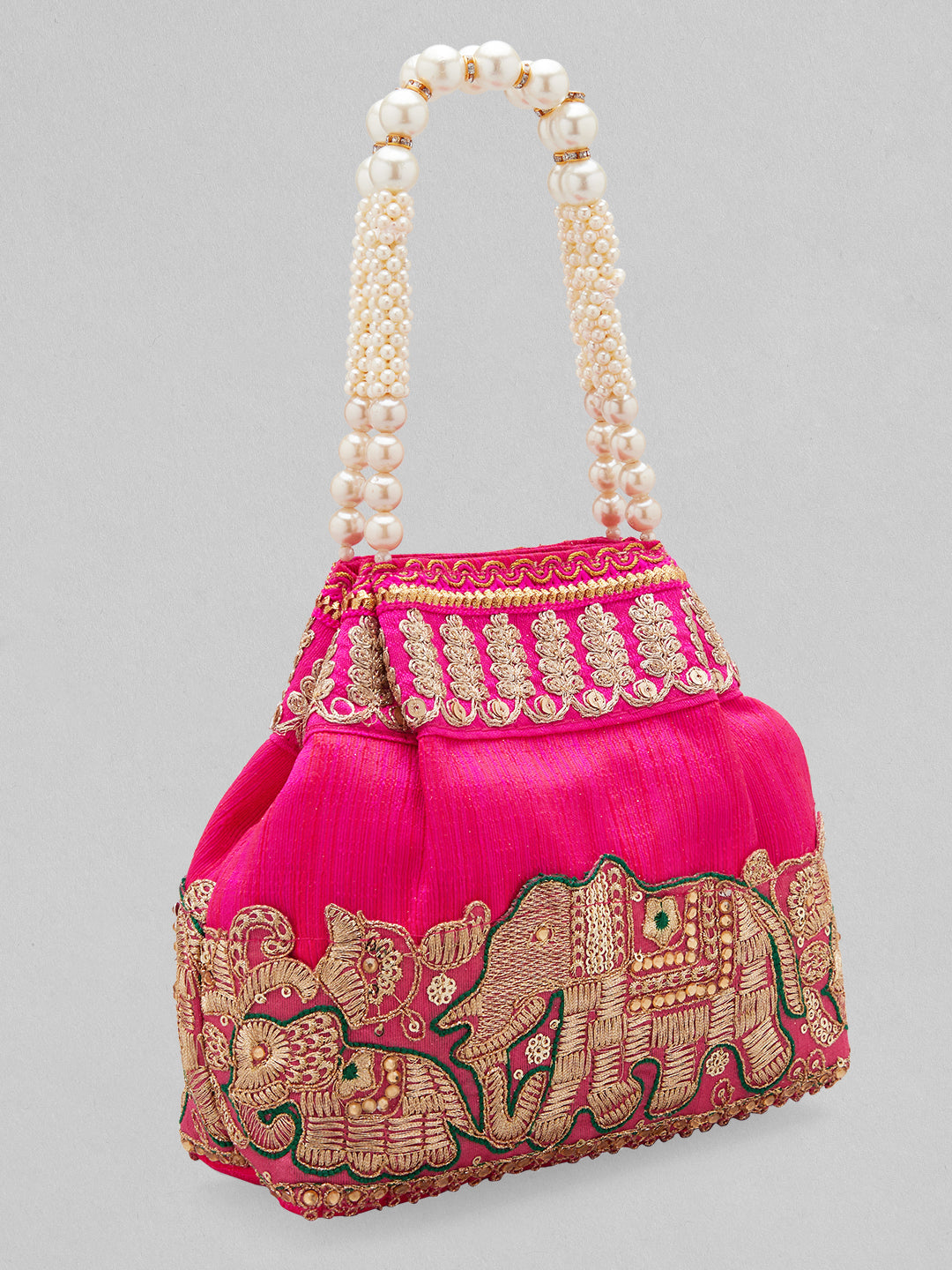 Rubans Pink Silk Potli Bag with Pearl Handle and Intricate Elephant Motif Embroidery