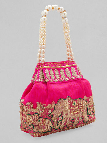Rubans Pink Silk Potli Bag with Pearl Handle and Intricate Elephant Motif Embroidery
