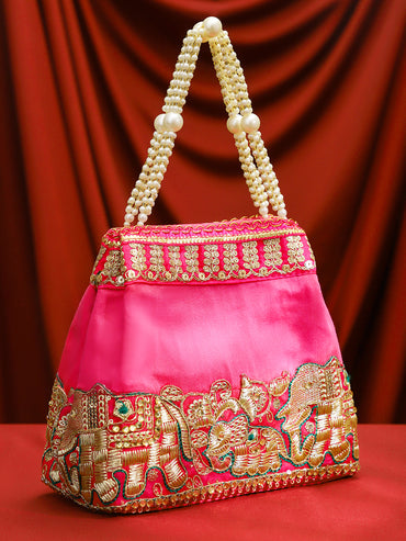 Rubans Pink Silk Potli Bag with Pearl Handle and Intricate Elephant Motif Embroidery