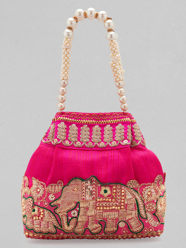 Rubans Pink Silk Potli Bag with Pearl Handle and Intricate Elephant Motif Embroidery