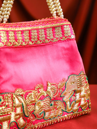 Rubans Pink Silk Potli Bag with Pearl Handle and Intricate Elephant Motif Embroidery