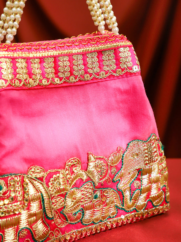 Rubans Pink Silk Potli Bag with Pearl Handle and Intricate Elephant Motif Embroidery