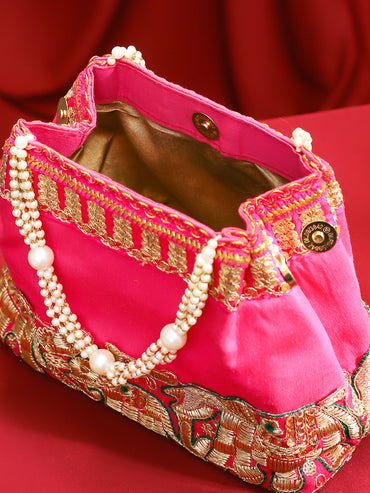 Rubans Pink Silk Potli Bag with Pearl Handle and Intricate Elephant Motif Embroidery