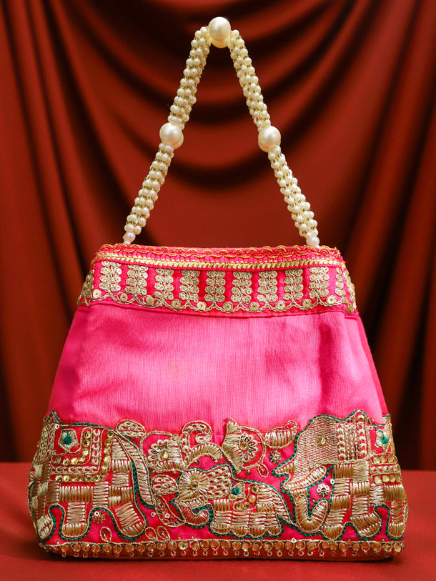 Rubans Pink Silk Potli Bag with Pearl Handle and Intricate Elephant Motif Embroidery