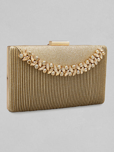 Rubans Golden-Tone Box Clutch Sling Bag Featuring American Diamonds