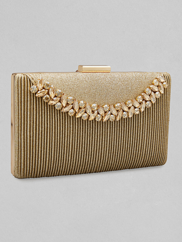 Rubans Golden-Tone Box Clutch Sling Bag Featuring American Diamonds