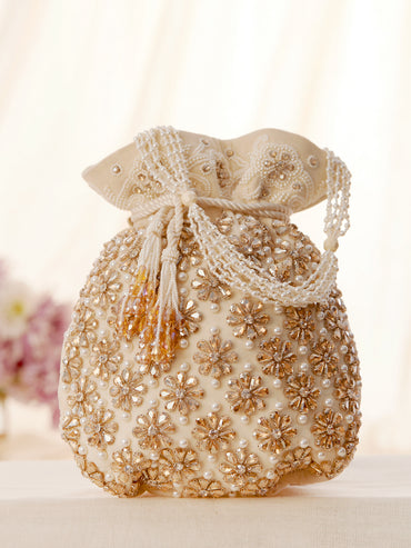 Rubans White And Golden Coloured Potli Bag With Embroided Design And Pearls.