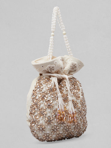 Rubans White And Golden Coloured Potli Bag With Embroided Design And Pearls.