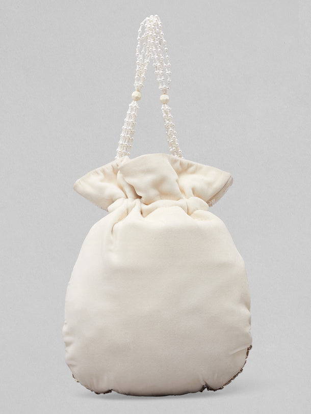 Rubans White And Golden Coloured Potli Bag With Embroided Design And Pearls.
