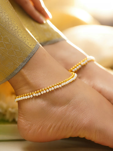 Set of 2 Gold Plated Pearl Beaded Anklet
