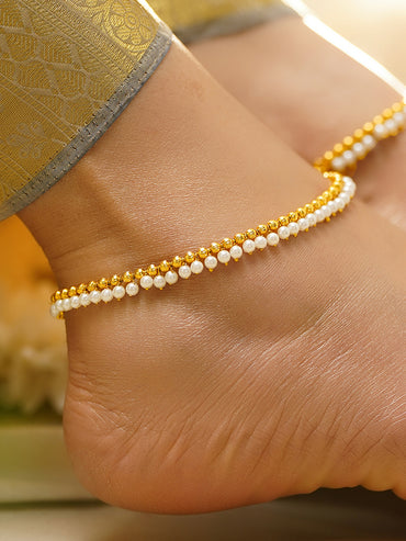 Set of 2 Gold Plated Pearl Beaded Anklet