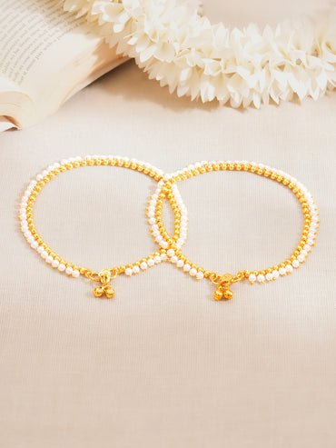 Set of 2 Gold Plated Pearl Beaded Anklet