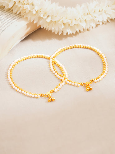 Set of 2 Gold Plated Pearl Beaded Anklet